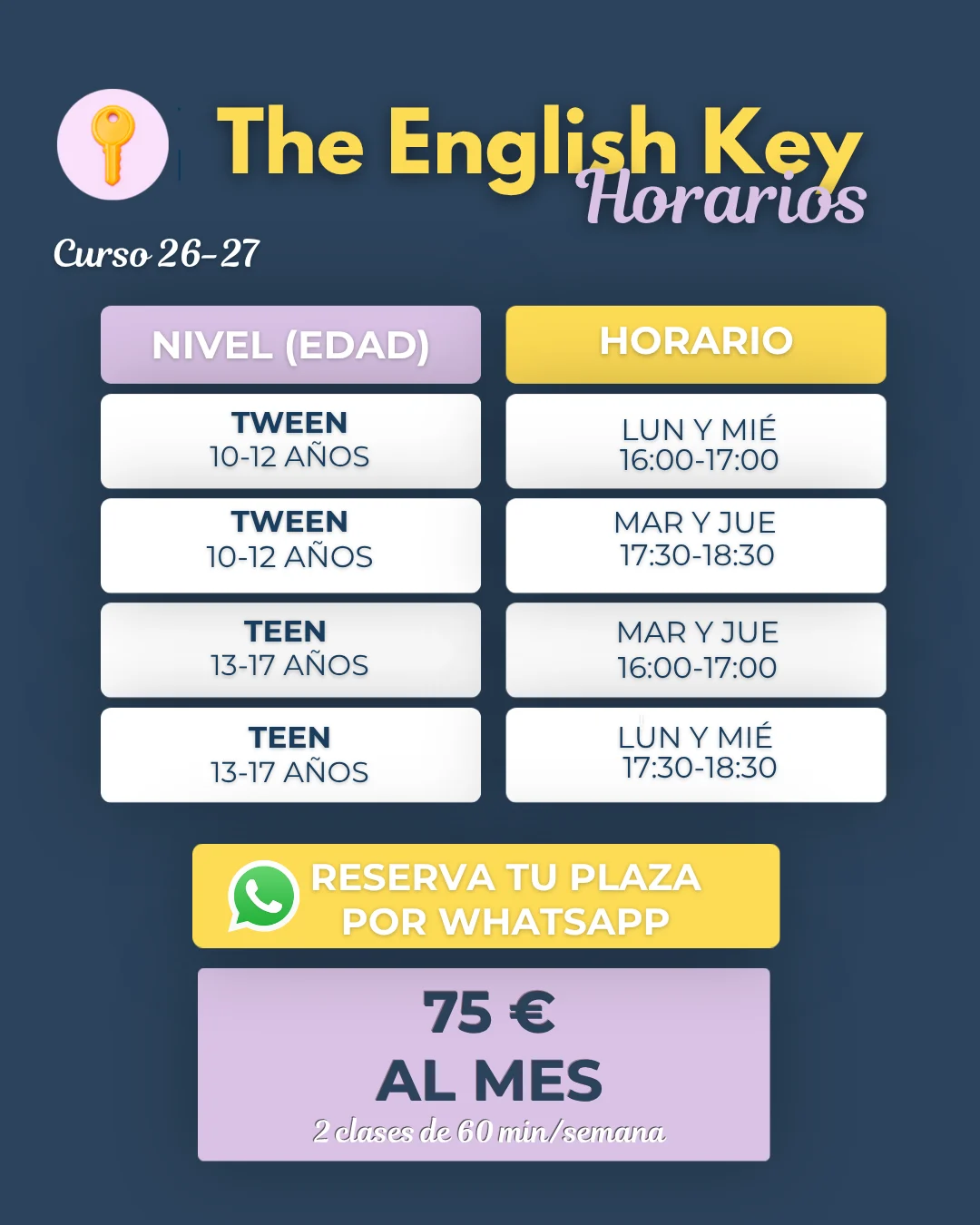 Horarios inglés tween y teen